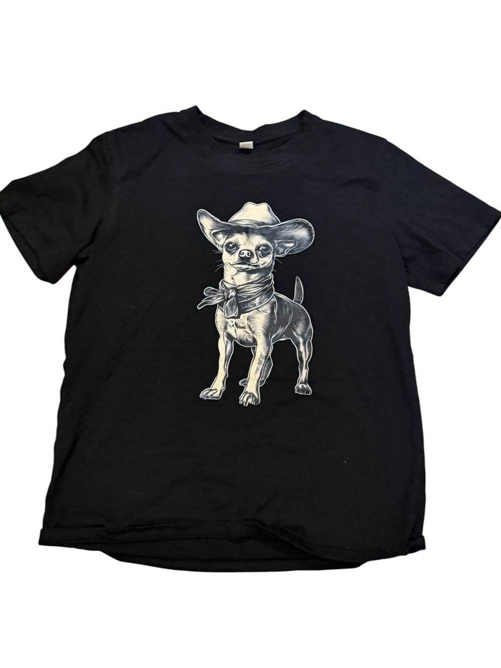 SHEIN Black Short Sleeve Tee with White-Grey Chihuahua Cowboy Graphic